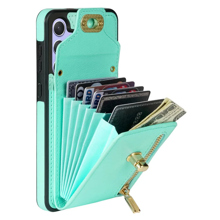For Samsung Galaxy S25+ Case Leather + TPU Phone Cover with Card Bag, Shoulder Strap - Green - 4