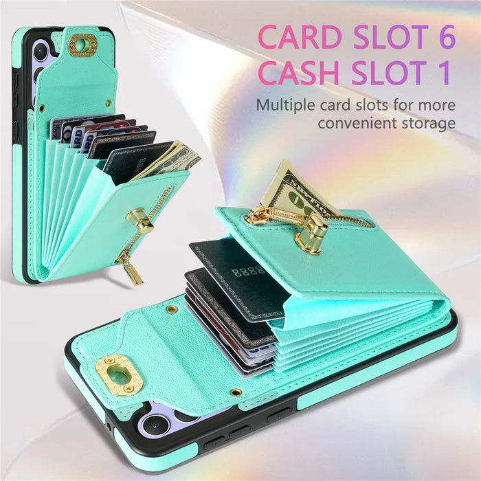 For Samsung Galaxy S25+ Case Leather + TPU Phone Cover with Card Bag, Shoulder Strap - Green - 5