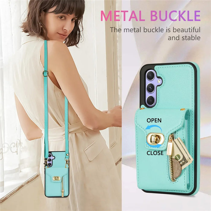 For Samsung Galaxy S25+ Case Leather + TPU Phone Cover with Card Bag, Shoulder Strap - Green - 7
