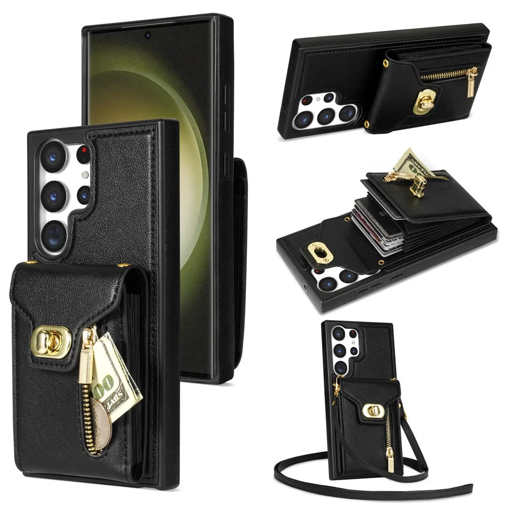 For Samsung Galaxy S25 Ultra Case Leather + TPU Phone Cover with Card Bag, Shoulder Strap - Black - 1