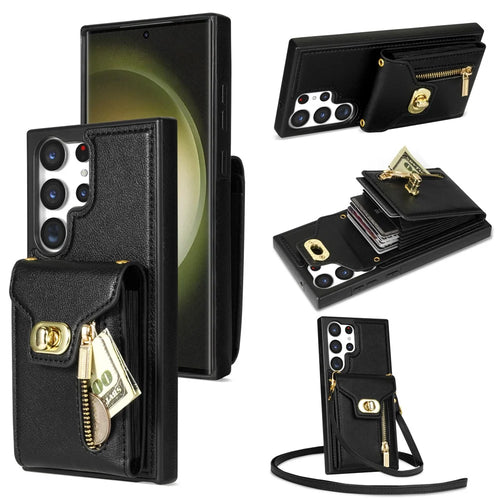 For Samsung Galaxy S25 Ultra Case Leather + TPU Phone Cover with Card Bag, Shoulder Strap - Black - 1