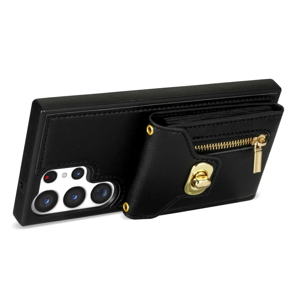 For Samsung Galaxy S25 Ultra Case Leather + TPU Phone Cover with Card Bag, Shoulder Strap - Black - 2