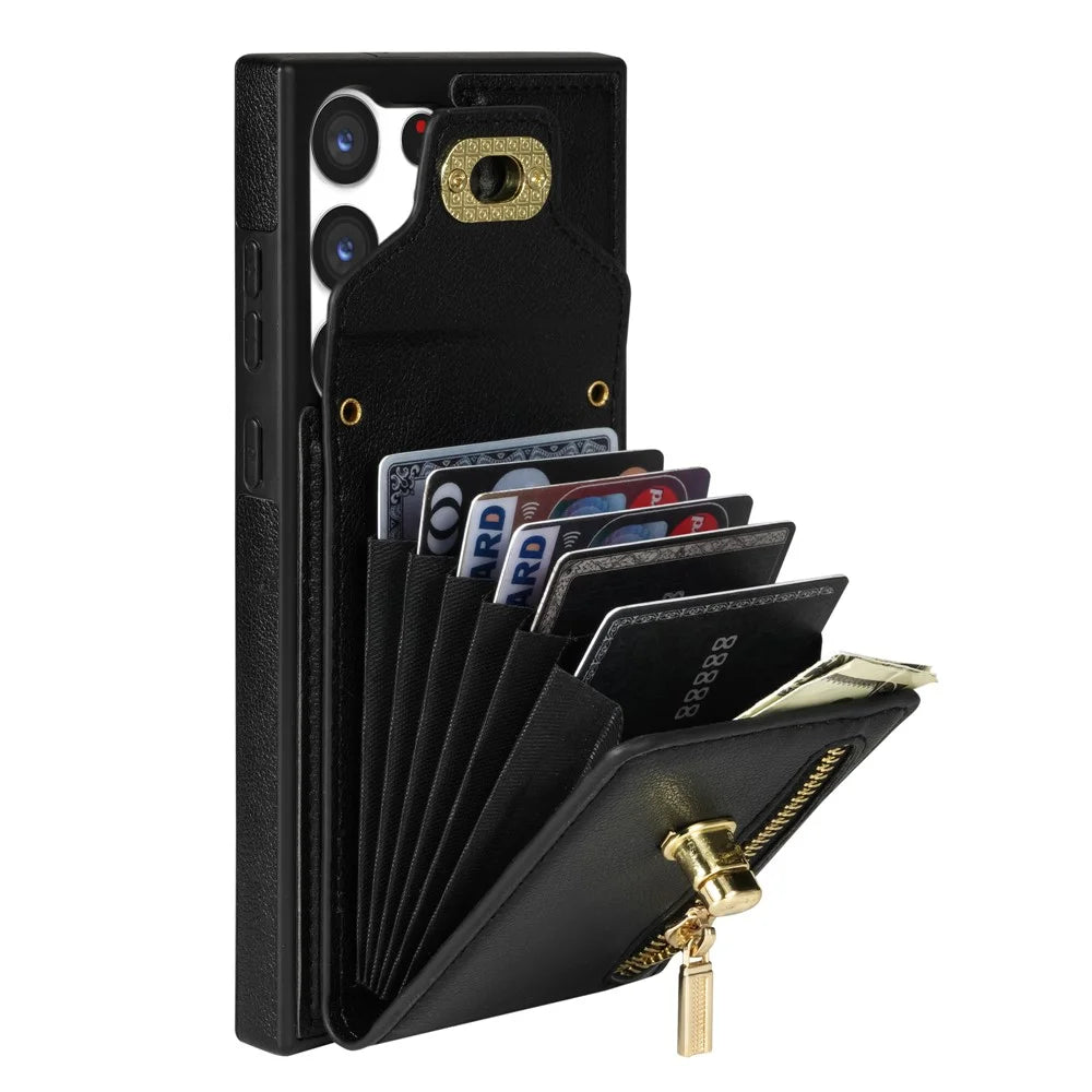 For Samsung Galaxy S25 Ultra Case Leather + TPU Phone Cover with Card Bag, Shoulder Strap - Black - 3