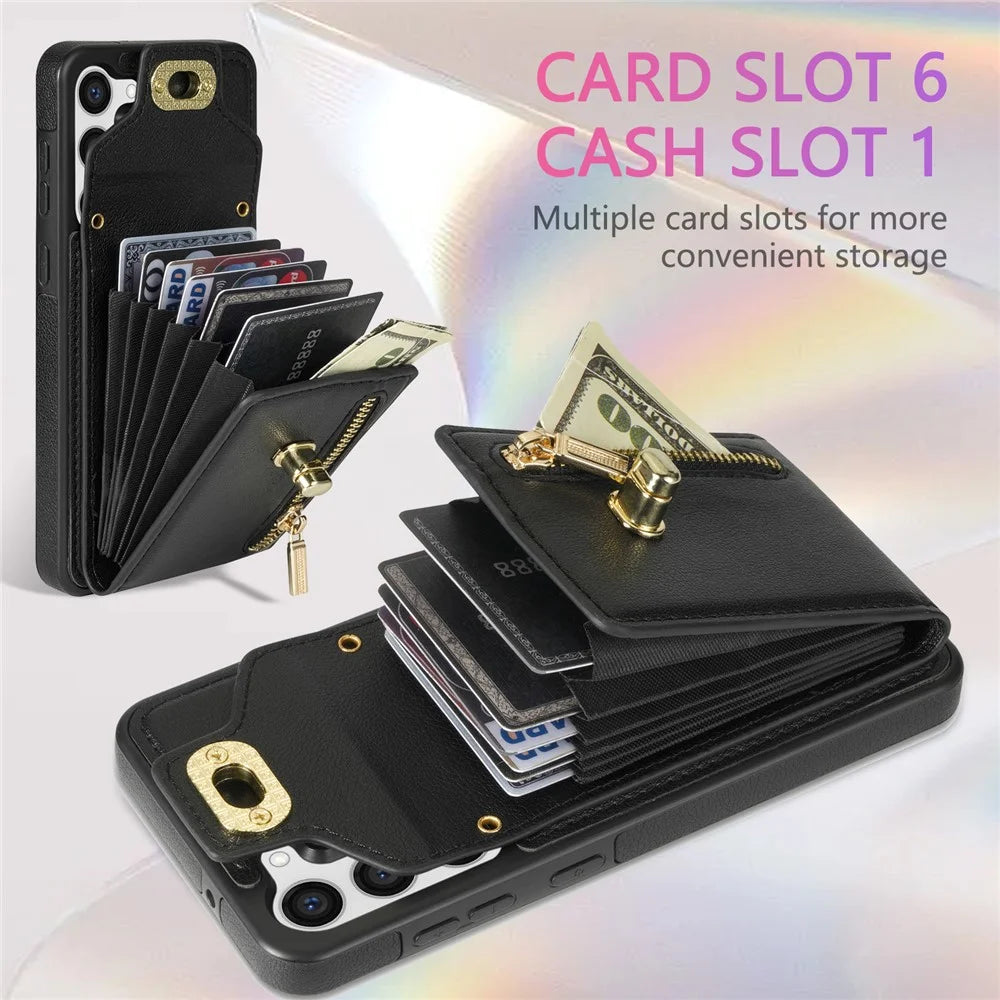 For Samsung Galaxy S25 Ultra Case Leather + TPU Phone Cover with Card Bag, Shoulder Strap - Black - 4