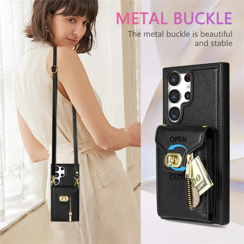 For Samsung Galaxy S25 Ultra Case Leather + TPU Phone Cover with Card Bag, Shoulder Strap - Black - 5
