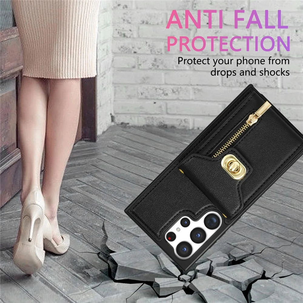For Samsung Galaxy S25 Ultra Case Leather + TPU Phone Cover with Card Bag, Shoulder Strap - Black - 6