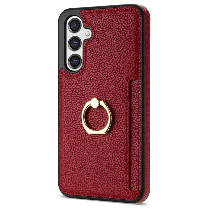For Samsung Galaxy S24 FE Case Ring Kickstand PU+TPU Card Holder Phone Cover - Red - 1