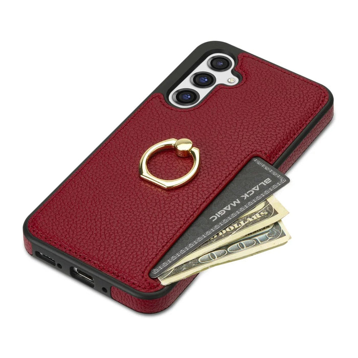 For Samsung Galaxy S24 FE Case Ring Kickstand PU+TPU Card Holder Phone Cover - Red - 4