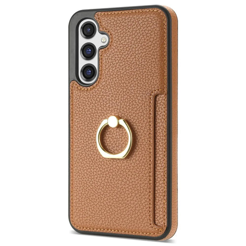 For Samsung Galaxy S25 Case Ring Kickstand PU+TPU Card Holder Phone Cover - Brown - 1