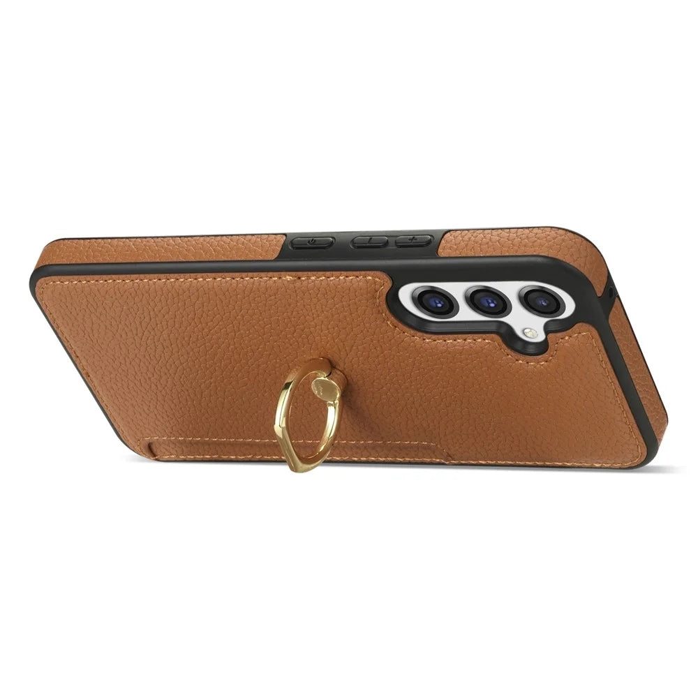 For Samsung Galaxy S25 Case Ring Kickstand PU+TPU Card Holder Phone Cover - Brown - 3