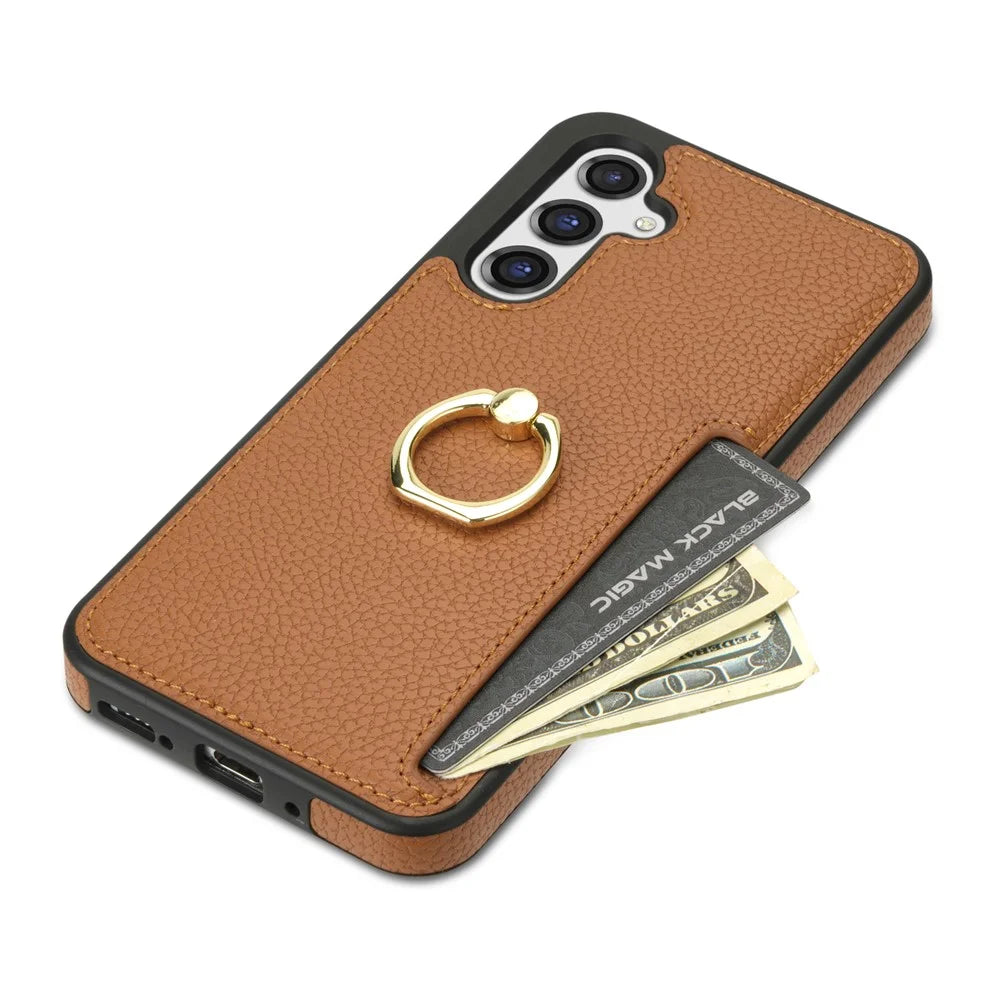 For Samsung Galaxy S25 Case Ring Kickstand PU+TPU Card Holder Phone Cover - Brown - 4