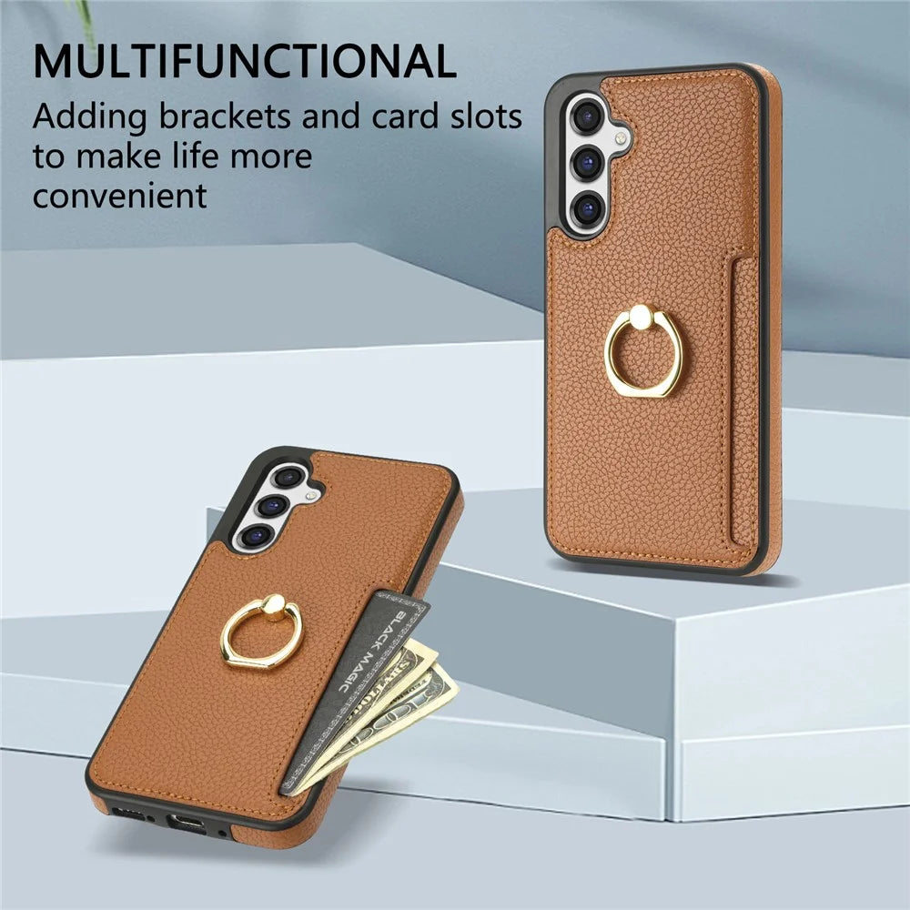 For Samsung Galaxy S25 Case Ring Kickstand PU+TPU Card Holder Phone Cover - Brown - 5