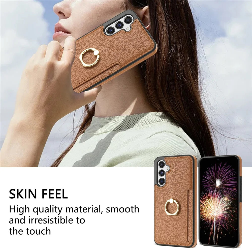 For Samsung Galaxy S25 Case Ring Kickstand PU+TPU Card Holder Phone Cover - Brown - 6