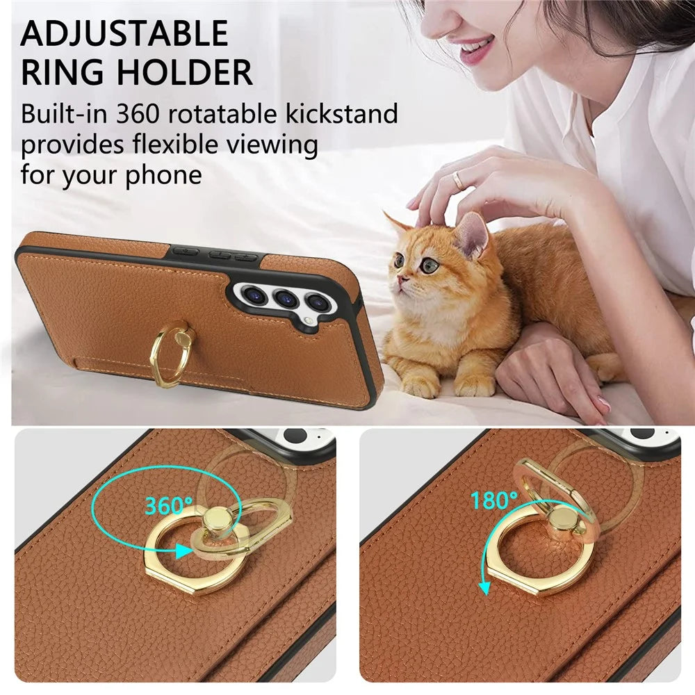 For Samsung Galaxy S25 Case Ring Kickstand PU+TPU Card Holder Phone Cover - Brown - 7