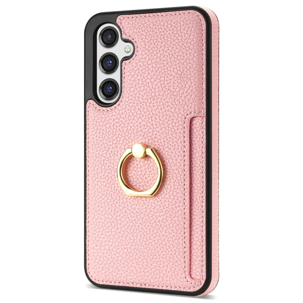 For Samsung Galaxy S25+ Case Ring Kickstand PU+TPU Card Holder Phone Cover - Pink - 1