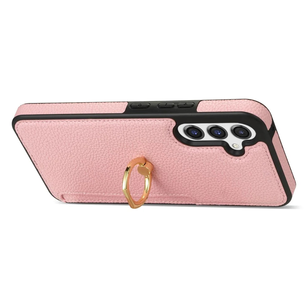 For Samsung Galaxy S25+ Case Ring Kickstand PU+TPU Card Holder Phone Cover - Pink - 3