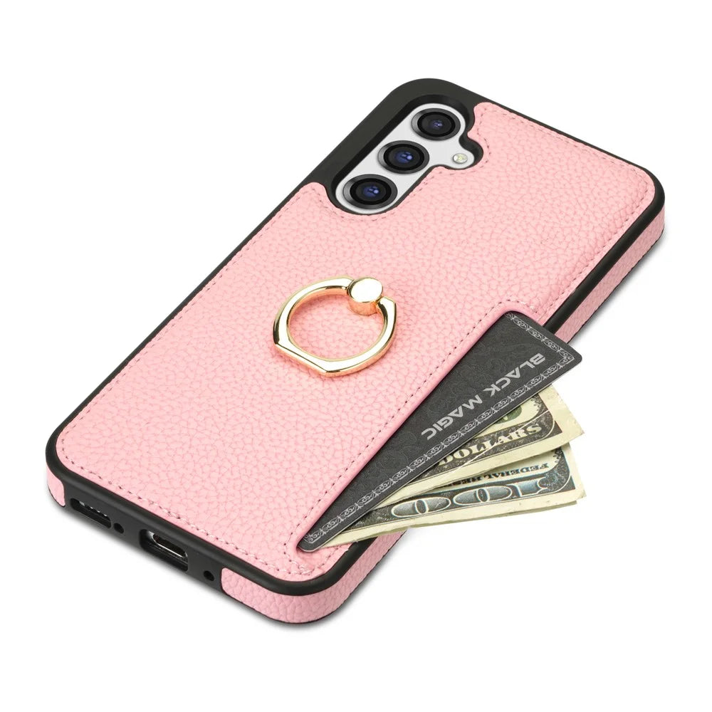 For Samsung Galaxy S25+ Case Ring Kickstand PU+TPU Card Holder Phone Cover - Pink - 4