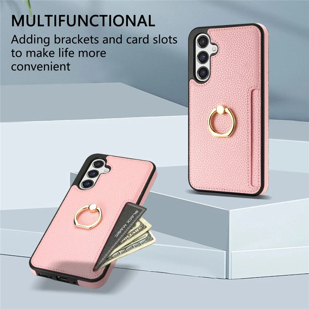 For Samsung Galaxy S25+ Case Ring Kickstand PU+TPU Card Holder Phone Cover - Pink - 5