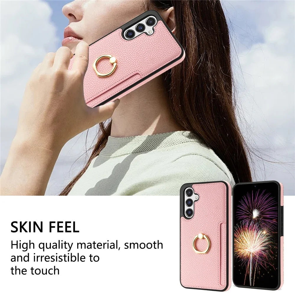 For Samsung Galaxy S25+ Case Ring Kickstand PU+TPU Card Holder Phone Cover - Pink - 6