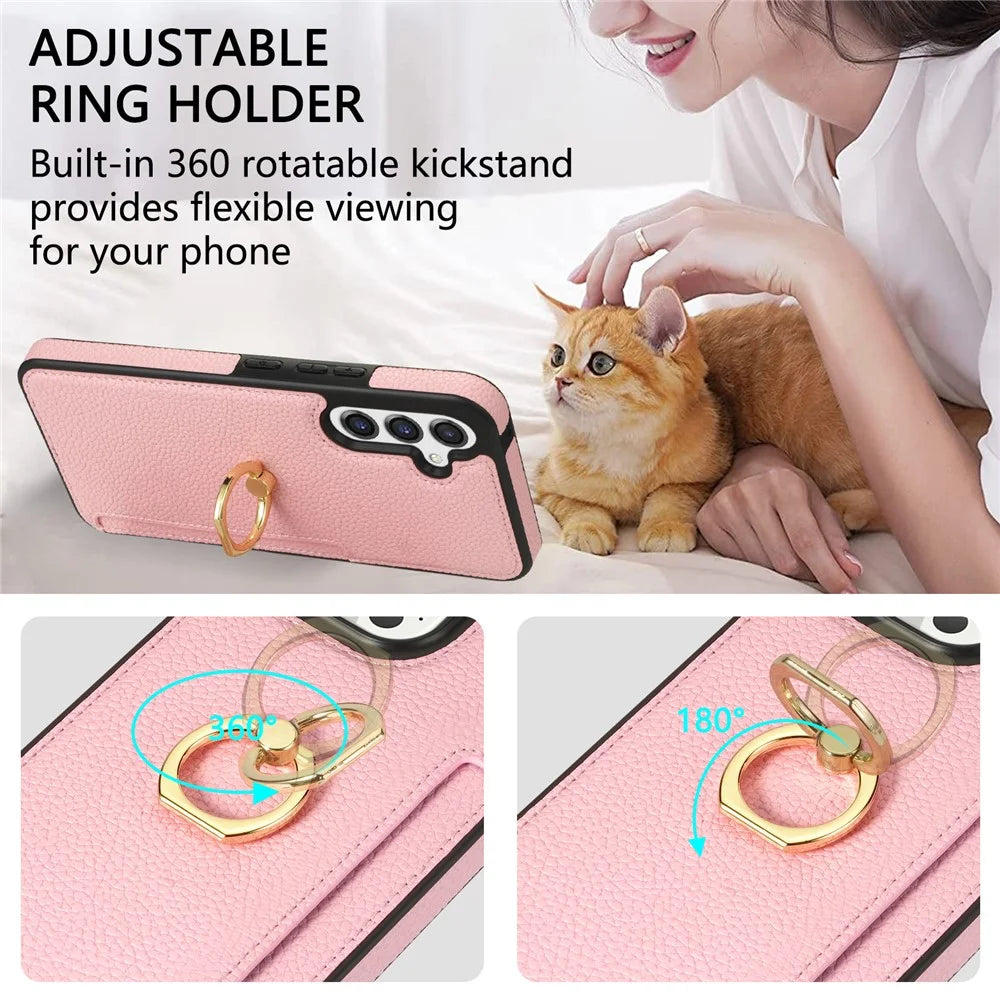 For Samsung Galaxy S25+ Case Ring Kickstand PU+TPU Card Holder Phone Cover - Pink - 7