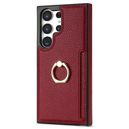 For Samsung Galaxy S25 Ultra  Case Ring Kickstand PU+TPU Card Holder Phone Cover - Red - 1