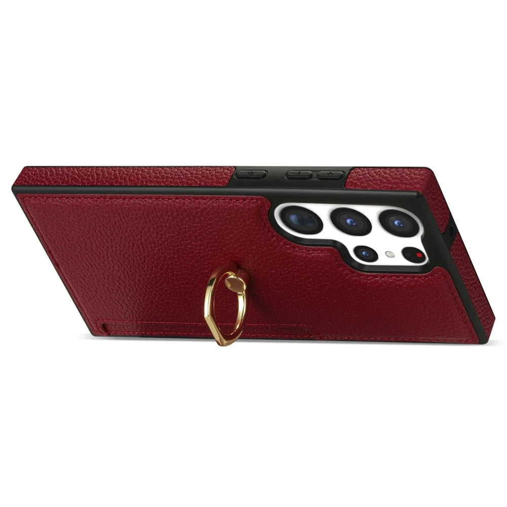 For Samsung Galaxy S25 Ultra  Case Ring Kickstand PU+TPU Card Holder Phone Cover - Red - 3