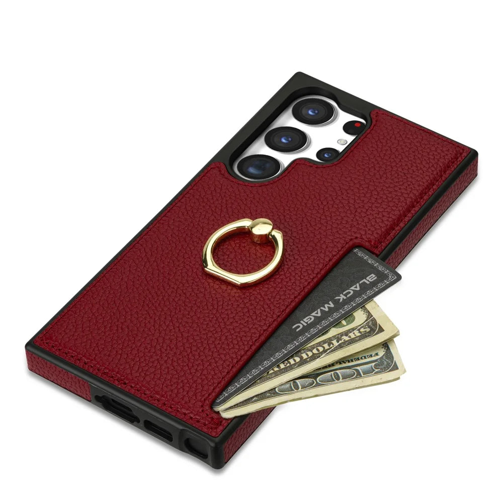 For Samsung Galaxy S25 Ultra  Case Ring Kickstand PU+TPU Card Holder Phone Cover - Red - 4