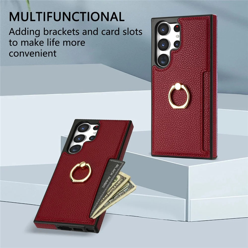 For Samsung Galaxy S25 Ultra  Case Ring Kickstand PU+TPU Card Holder Phone Cover - Red - 6