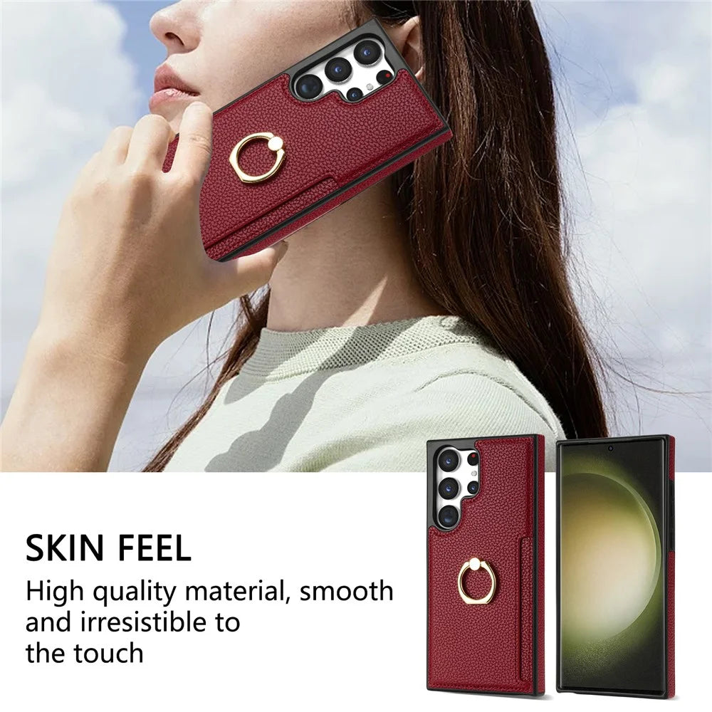 For Samsung Galaxy S25 Ultra  Case Ring Kickstand PU+TPU Card Holder Phone Cover - Red - 7