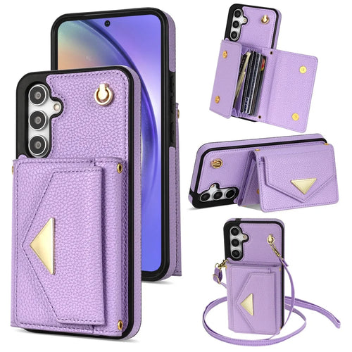 For Samsung Galaxy S24 FE Case Card Slots PU+TPU Cell Phone Cover with Long Strap - Purple - 1