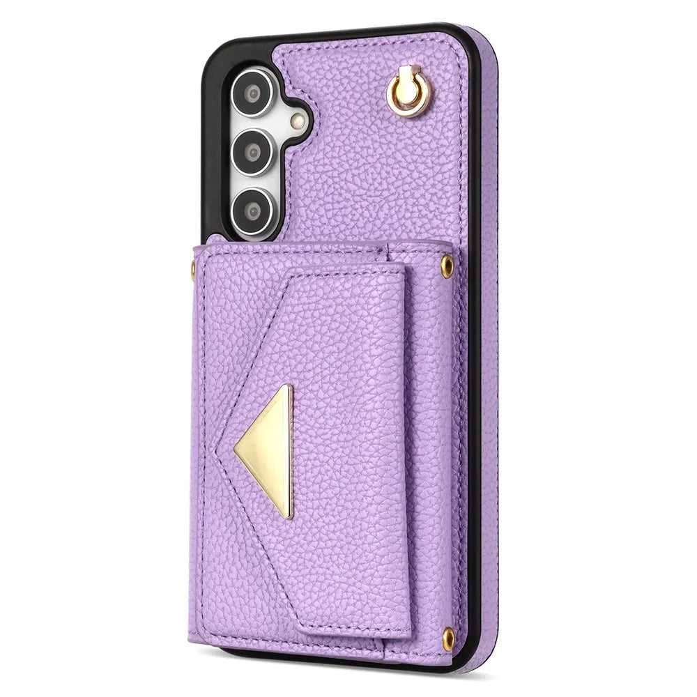 For Samsung Galaxy S24 FE Case Card Slots PU+TPU Cell Phone Cover with Long Strap - Purple - 7