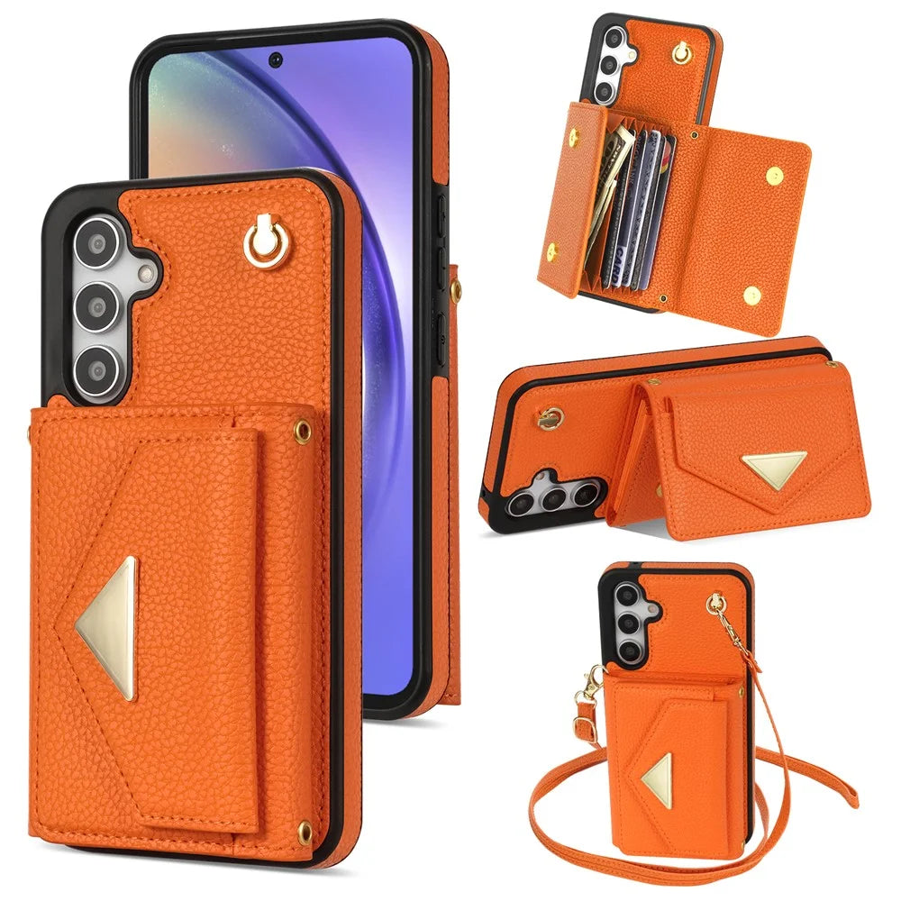 For Samsung Galaxy S25 Case Card Slots PU+TPU Cell Phone Cover with Long Strap - Orange - 1