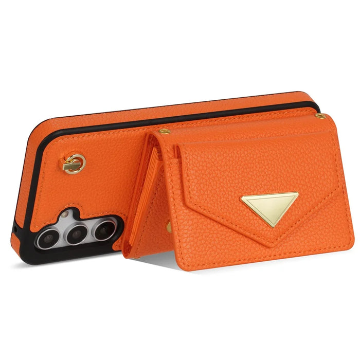 For Samsung Galaxy S25 Case Card Slots PU+TPU Cell Phone Cover with Long Strap - Orange - 2