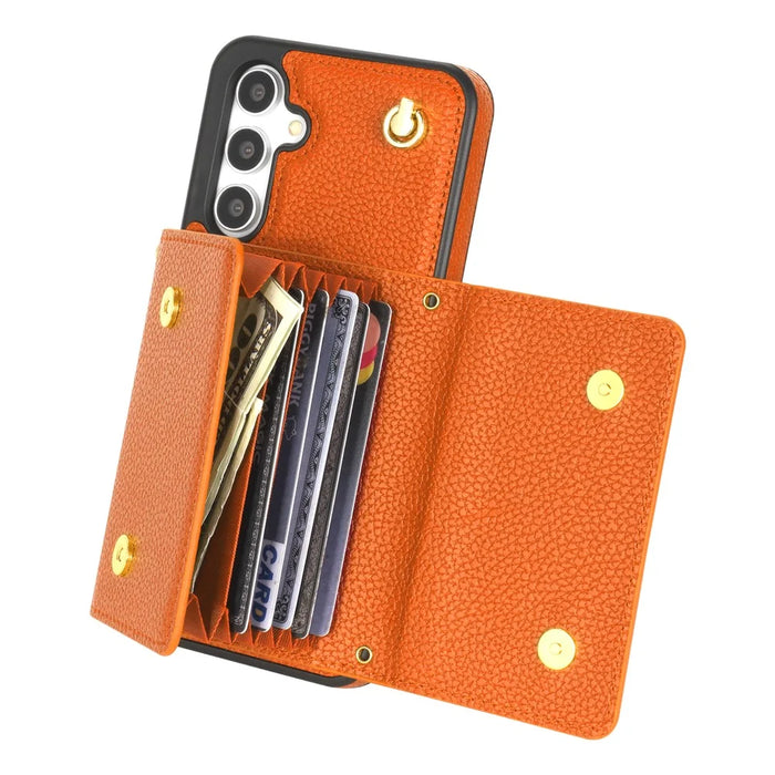 For Samsung Galaxy S25 Case Card Slots PU+TPU Cell Phone Cover with Long Strap - Orange - 3