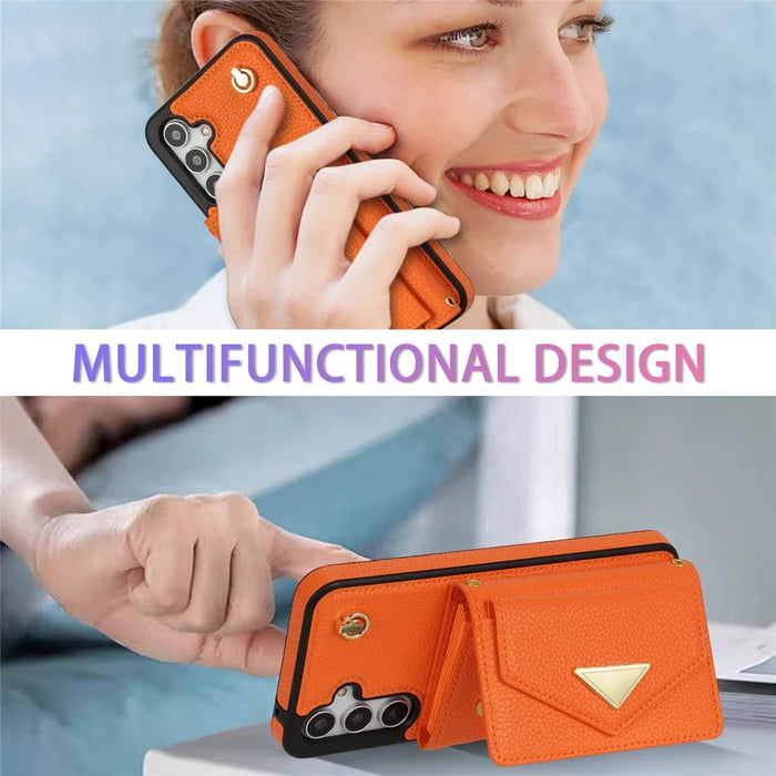 For Samsung Galaxy S25 Case Card Slots PU+TPU Cell Phone Cover with Long Strap - Orange - 4