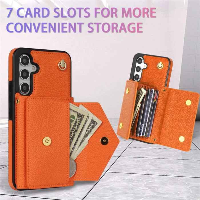 For Samsung Galaxy S25 Case Card Slots PU+TPU Cell Phone Cover with Long Strap - Orange - 5