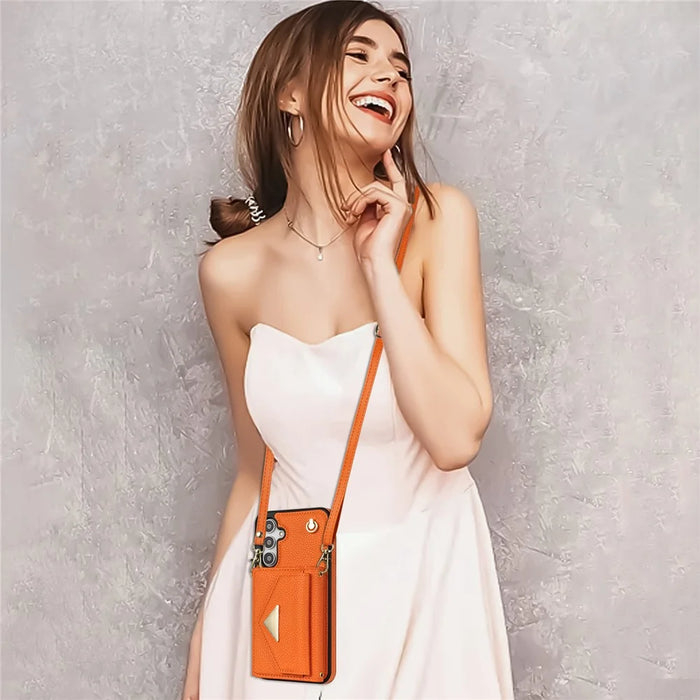 For Samsung Galaxy S25 Case Card Slots PU+TPU Cell Phone Cover with Long Strap - Orange - 6