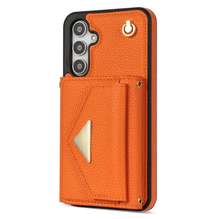 For Samsung Galaxy S25 Case Card Slots PU+TPU Cell Phone Cover with Long Strap - Orange - 7