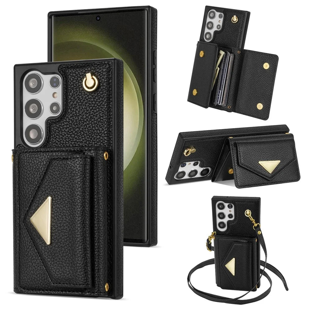For Samsung Galaxy S25 Ultra Case Card Slots PU+TPU Cell Phone Cover with Long Strap - Black - 1