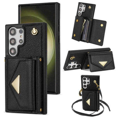 For Samsung Galaxy S25 Ultra Case Card Slots PU+TPU Cell Phone Cover with Long Strap - Black - 1