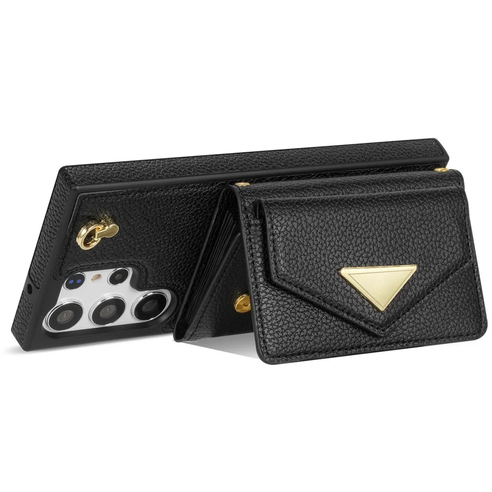 For Samsung Galaxy S25 Ultra Case Card Slots PU+TPU Cell Phone Cover with Long Strap - Black - 2