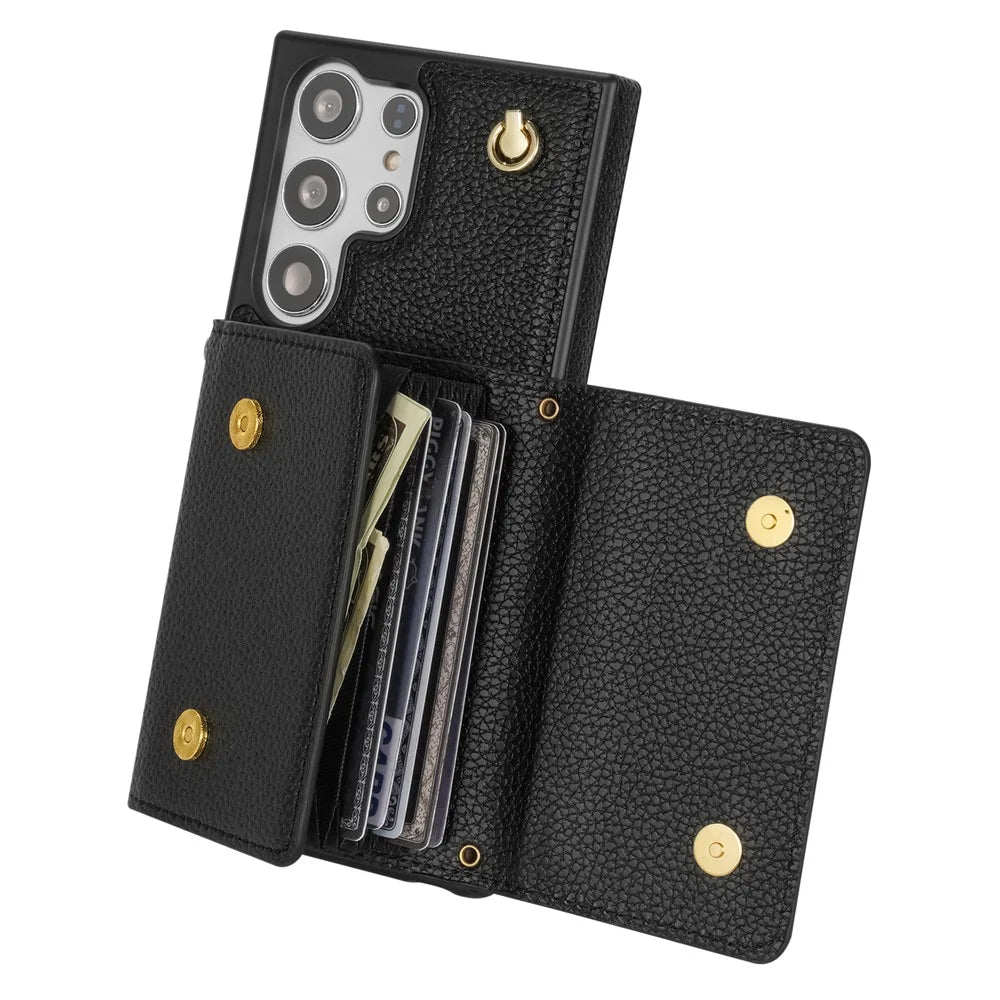 For Samsung Galaxy S25 Ultra Case Card Slots PU+TPU Cell Phone Cover with Long Strap - Black - 3