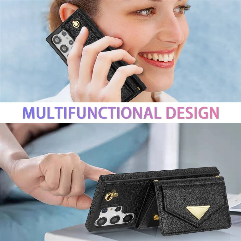 For Samsung Galaxy S25 Ultra Case Card Slots PU+TPU Cell Phone Cover with Long Strap - Black - 5