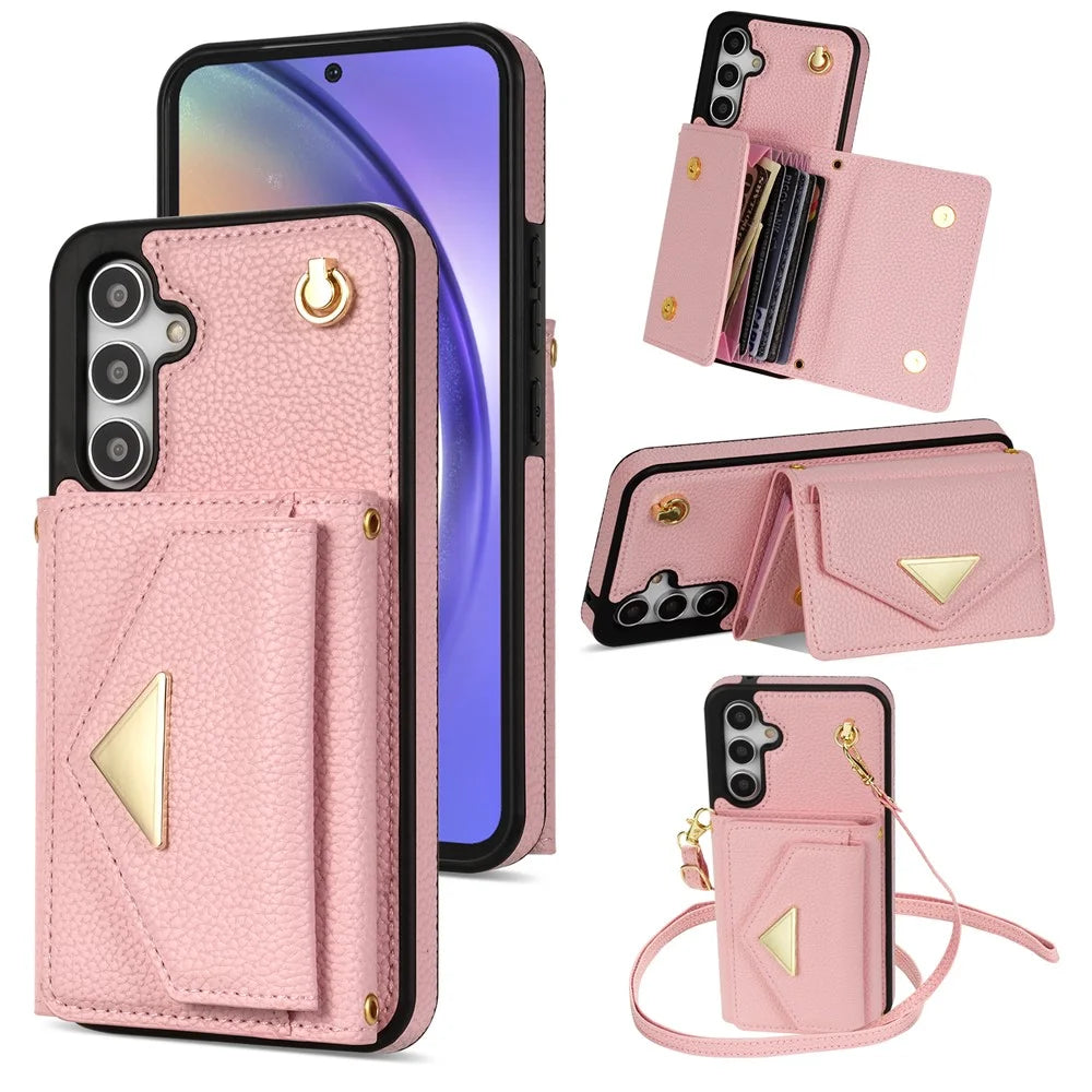 For Samsung Galaxy S25+ Case Card Slots PU+TPU Cell Phone Cover with Long Strap - Pink - 1