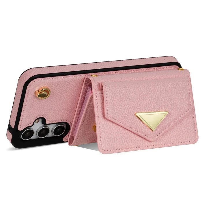 For Samsung Galaxy S25+ Case Card Slots PU+TPU Cell Phone Cover with Long Strap - Pink - 2