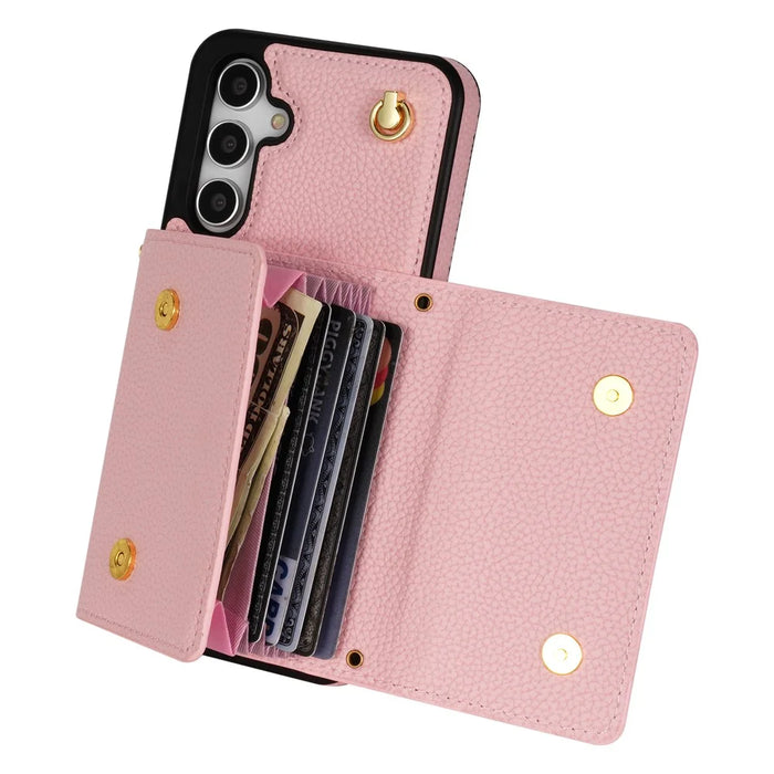 For Samsung Galaxy S25+ Case Card Slots PU+TPU Cell Phone Cover with Long Strap - Pink - 3