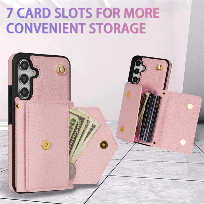 For Samsung Galaxy S25+ Case Card Slots PU+TPU Cell Phone Cover with Long Strap - Pink - 5