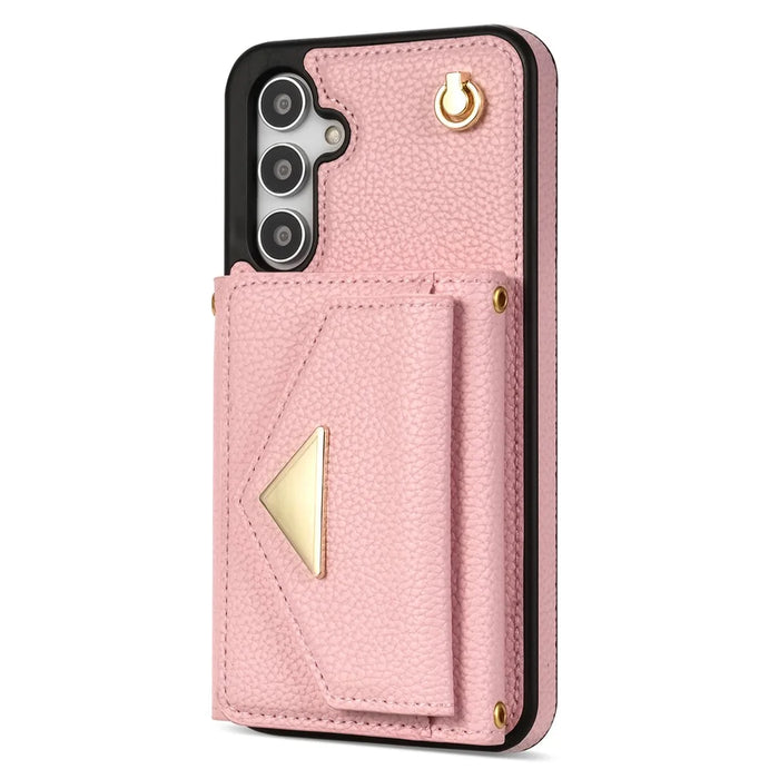 For Samsung Galaxy S25+ Case Card Slots PU+TPU Cell Phone Cover with Long Strap - Pink - 7