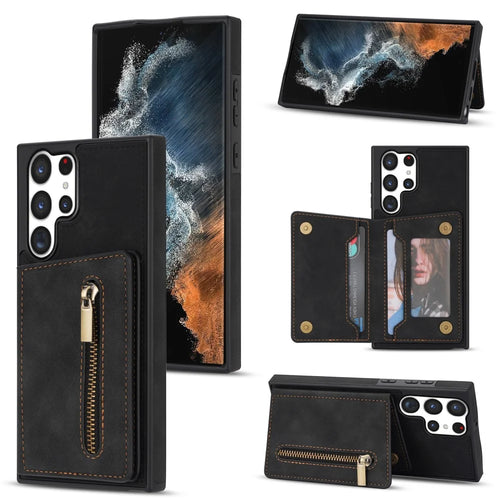 For Samsung Galaxy S25 Ultra Case Zipper Pocket Wallet Kickstand Phone Guard Cover - Black - 1