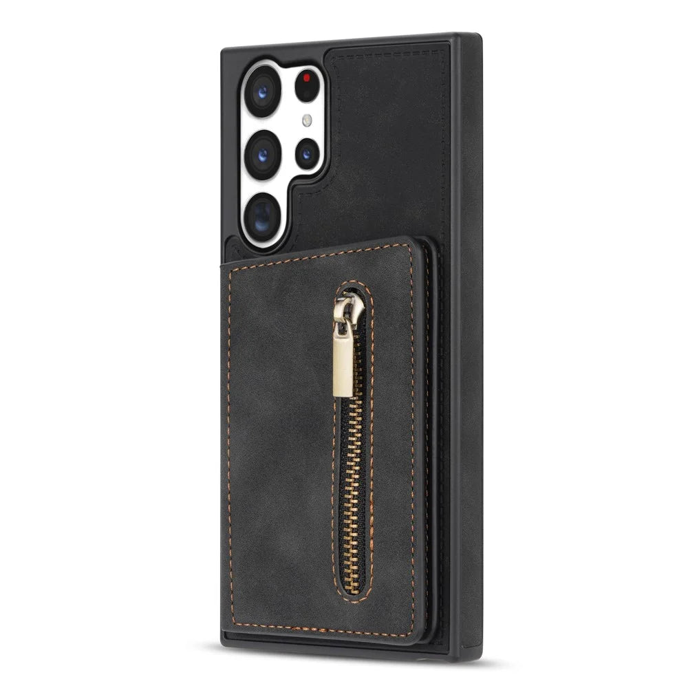 For Samsung Galaxy S25 Ultra Case Zipper Pocket Wallet Kickstand Phone Guard Cover - Black - 5
